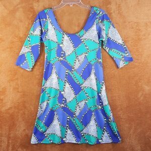 OH MY BOD Womens Dress Small Blue Pullover Shift Mini Stretch 60s Retro Funky